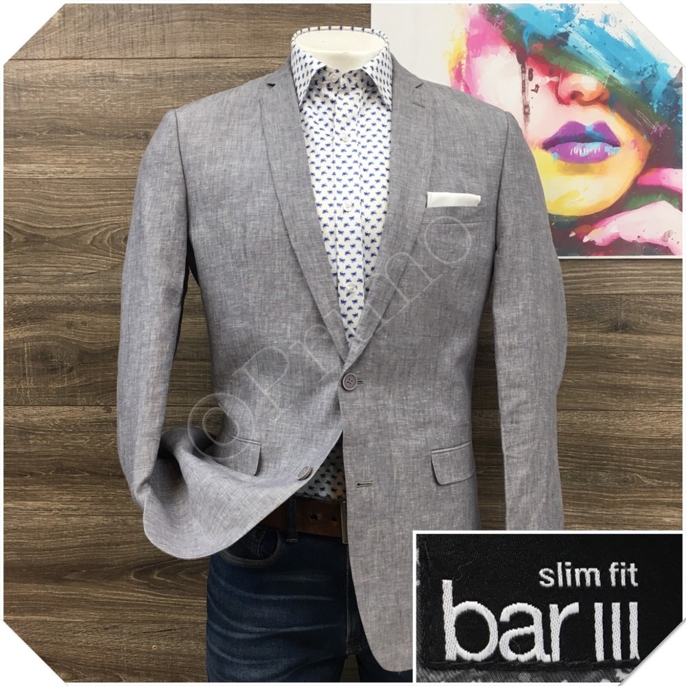 BAR III Men Linen Blazer Sport Coat Casual Jacket Size 42L Slim Fit Gray Suit